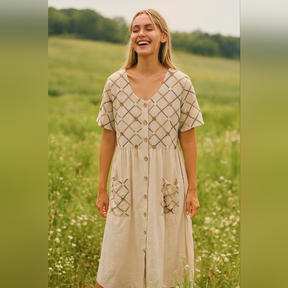 Cabernet Beige Cotton Linen Cottagecore Prairie Button Up Midi Dress Size L - Picture 1 of 7